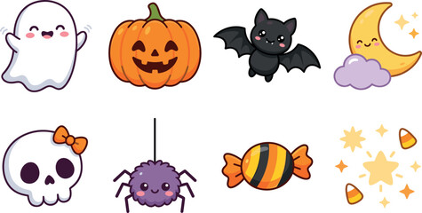 Naklejka premium Halloween Icons Set with Cute Ghost, Pumpkin, Bat, Spider, Candy, Skull
