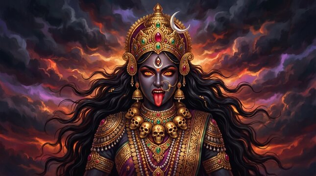 Kali Maa goddess Powerful Portrait with Stormy Background and Intense Gaze