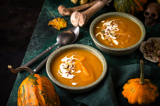 Halloween spicy vegetarian autumn pumpkin cream soup