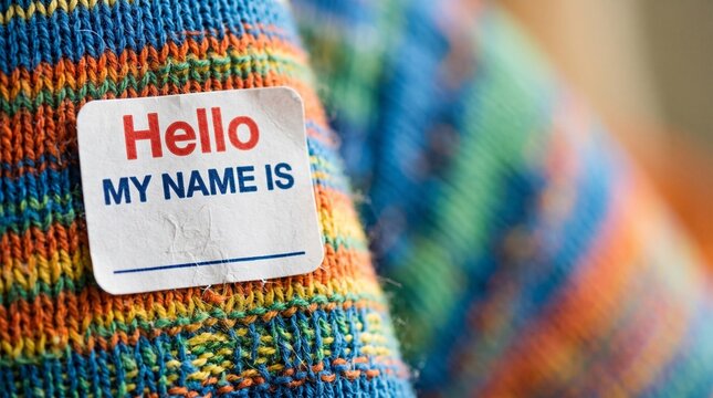 Detailed view focusing on a blank identification label adhered to vibrant textured winter clothing conveying themes of personal introduction welcoming environments and community networking events.