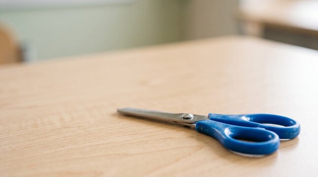 Close up view of a small blue plastic pair of safety scissors lying flat on a smooth wooden classroom table highlighting preschool arts and crafts supplies basic stationery and creative activities.