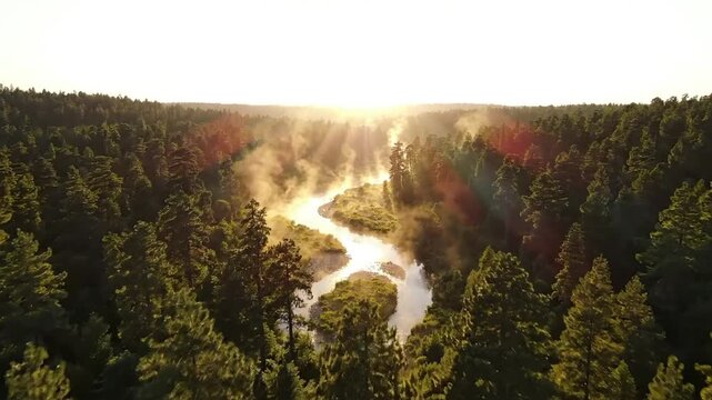 Drone Ascending Over Winding River - Generative AI 4K Stock Footage
