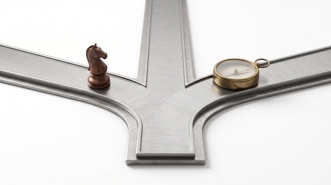 Chess knight piece and vintage brass compass rest on diverging metal tracks representing strategic navigation choices.