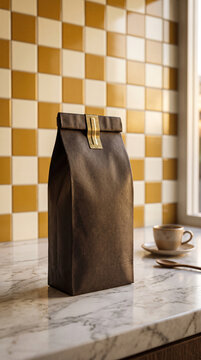 Photorealistic Coffee Bag Packaging Mockup on Marble Counter
