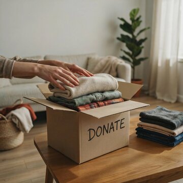 Person packing clothes into a donation box in a living room setting during daytime