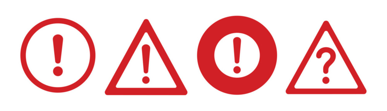 Collection of red warning signs including exclamation marks within circles and triangles and a question mark in a triangle