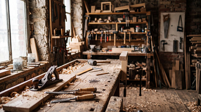 Traditional woodworking shop interior with carpenter tools