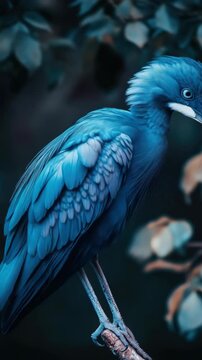 Portrait of a Vibrant Blue Heron Perched in a Dark Woodland