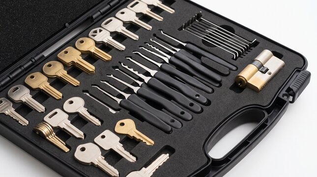 Locksmith tools including pick set, cylinder lock, tension tools, and assorted metallic keys lie inside a black case.