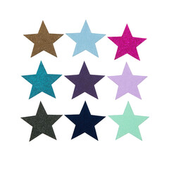 Obraz premium Set of nine colorful glitter star shapes isolated on white background for festive design