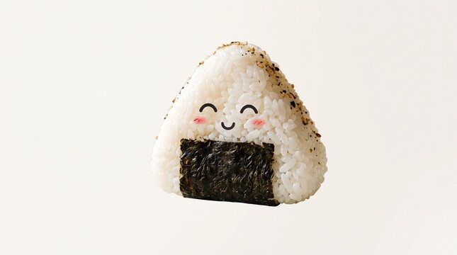 A triangular onigiri rice ball with nori and a smiling face rests on a white