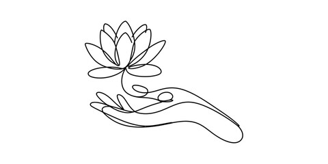 Obraz premium Continuous single line drawing of a human hand holding a lotus flower isolated on a white background for wellness and yoga design Vector, illustration