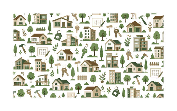 Seamless pattern of houses, keys, and construction tools for real estate themes