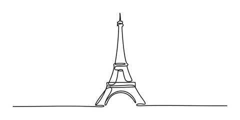 Eiffel tower in paris drawn with a single continuous black line isolated on a white background for travel and romantic design Vector, illustration © ARICK 