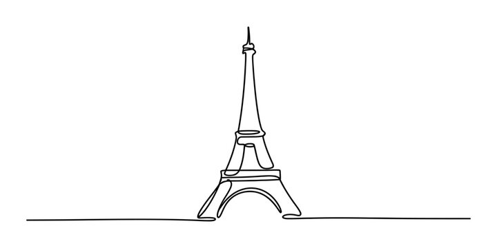 Eiffel tower in paris drawn with a single continuous black line isolated on a white background for travel and romantic design Vector, illustration