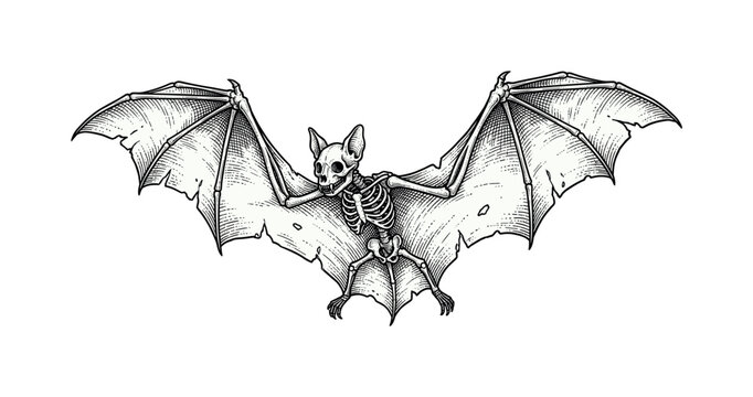 Detailed illustration of a bat skeleton with spread wings in vintage style