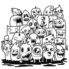 Obraz premium Hand-drawn illustrations, monsters doodle, Hand Drawn cartoon monster illustration,Cartoon crowd doodle hand-drawn Doodle style.black and white stripes coloring book.