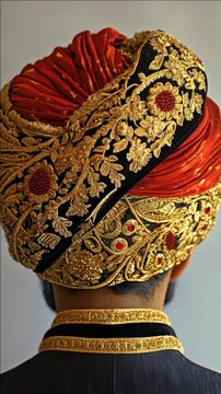 Close-up of an Ornate Gold and Orange Embroidered Indian Wedding Turban