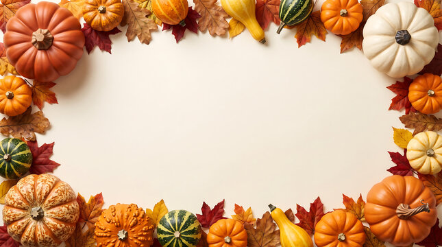 Blank frame bordered by autumn pumpkins and colorful leaves
