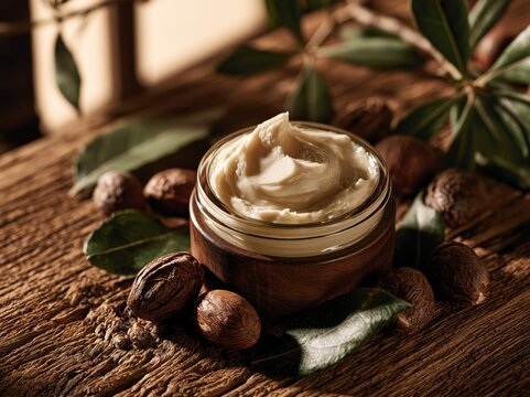Shea butter in a wooden bowl with shea nuts on a wooden surface