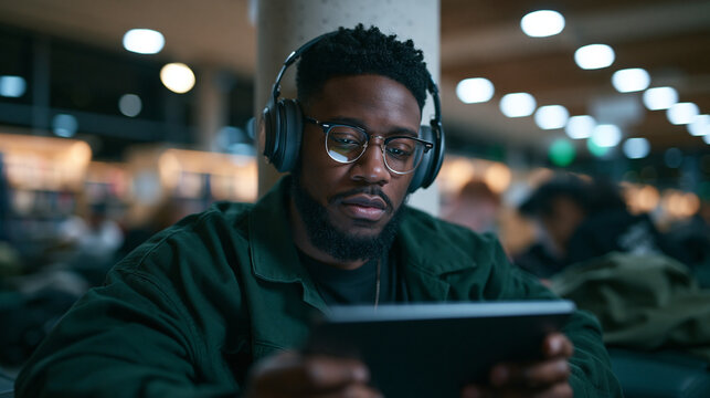 Focused Black Man with Headphones Watching Digital Tablet