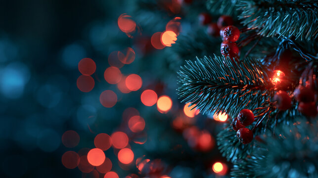 Christmas Tree Branch with Festive Bokeh Lights and Berries