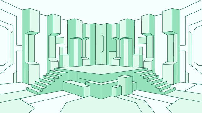 Futuristic geometric showroom with minimalist design and symmetrical stairs