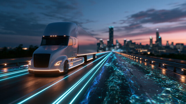 Autonomous Electric Semi Truck Driving on Smart Highway at Sunset