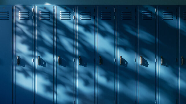 Row of Blue School Lockers with Sunlight and Tree Shadows