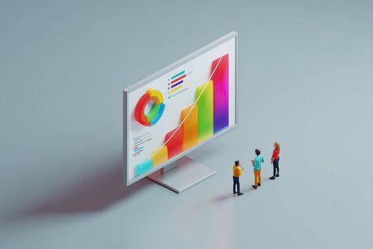 Isometric view of a large monitor showing colorful charts with two figures discussing data, business analytics concept, 3D illustration