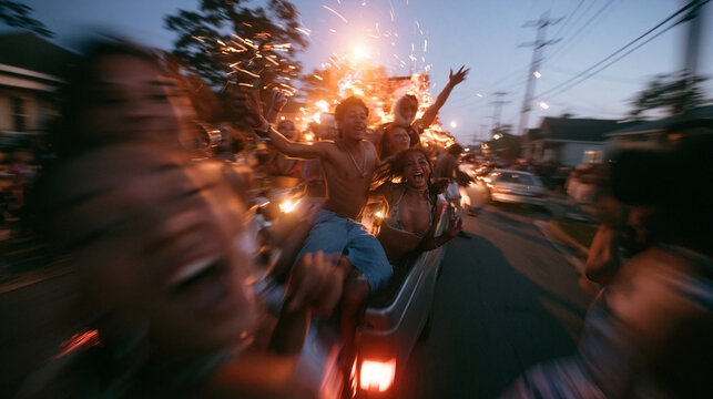 Excited Young Friends Celebrating on Truck at Night