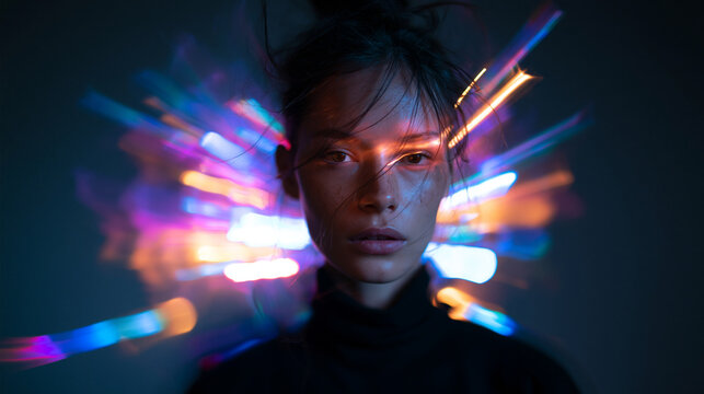 Futuristic Portrait of Young Woman with Neon Light Trails