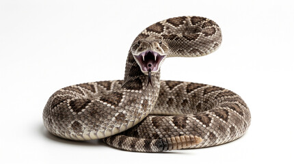 Naklejka premium A defensive coiled rattlesnake with its mouth wide open and fangs exposed against white background with coiled striking position tongue extended plain venomous rattlesnake