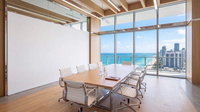 Modern Boardroom with Ocean View and Blank Presentation Wall