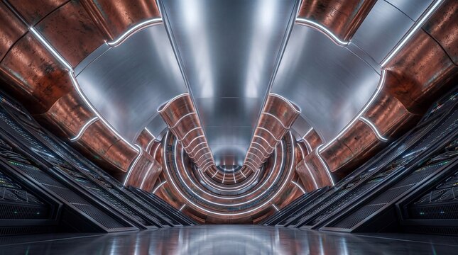 Futuristic Sci-Fi Metallic Tunnel with Glowing Neon Lights