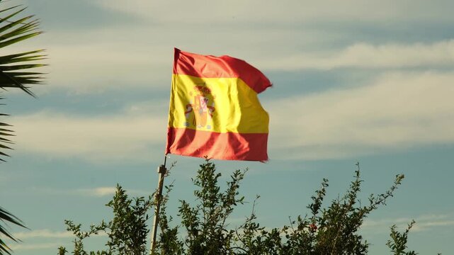 Spanish flag waving in the wind among plants.