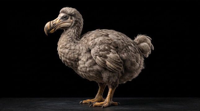 A full body profile view of a dodo bird standing against a solid black background with stands profile fluffy feathers large hooked beak dark surface grey feathers