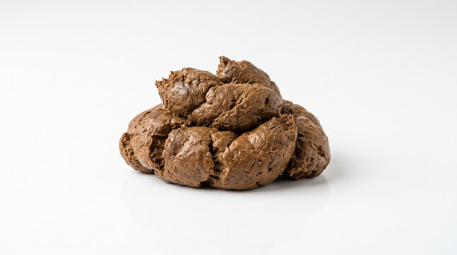 A pile of brown animal excrement sitting isolated on a plain white studio background surface with animal waste centered centered clean textured pile environment