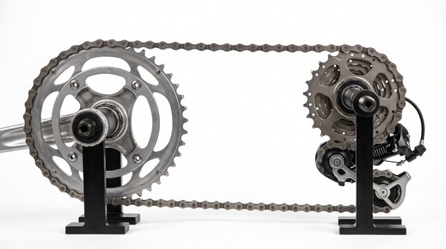 Bicycle transmission system featuring metal gears and chain is mounted on stands over a white background.