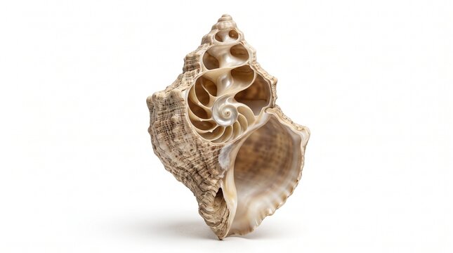 Seashell cut in half reveals an intricate internal spiral structure against a clean white backdrop.