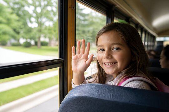 Happy child waving from school bus window on sunny day