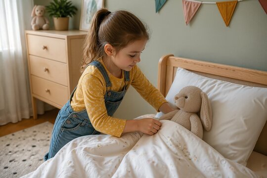 Girl tucking in plush toy in cozy bedroom setting
