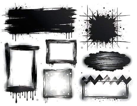 Set of various black grunge paint brush stroke frames and shapes.