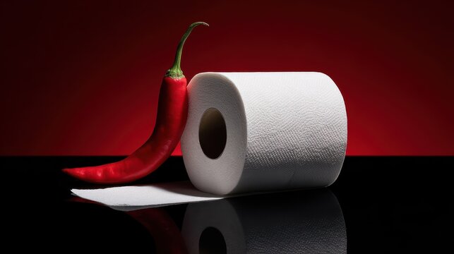 Creative hemorrhoid pain concept using red hot chili pepper and toilet paper to symbolize burning discomfort and irritation.
