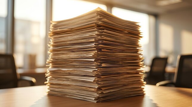 A high stack of paper documents sits on an office desk representing bureaucracy and administrative work.