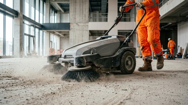 Construction worker using an industrial floor sweeper for dust removal on a construction site.