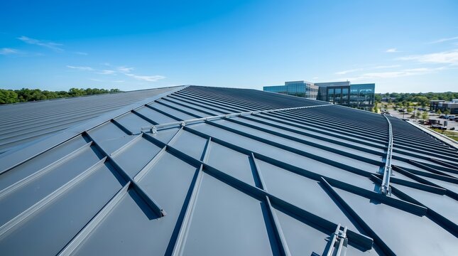 Modern standing seam metal roof on a commercial building under a clear blue sky.