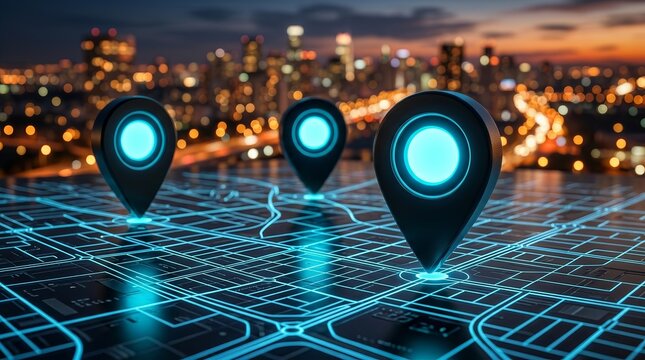 Digital glowing location point markers on a neon city map with glowing roads for GPS navigation.