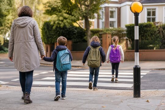 Children crossing the street with backpacks on a sunny day