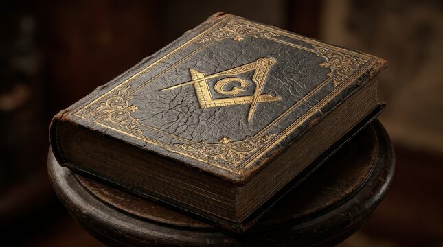 Close up of an old Masonic book with a gold embossed compass and square symbol.